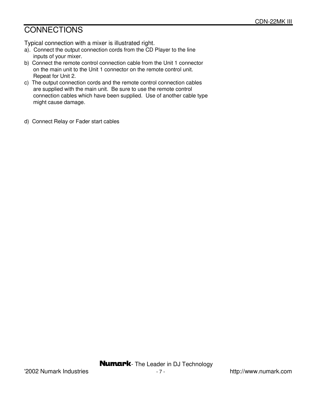 Numark Industries CDN-22MK III manual Connections, Typical connection with a mixer is illustrated right 