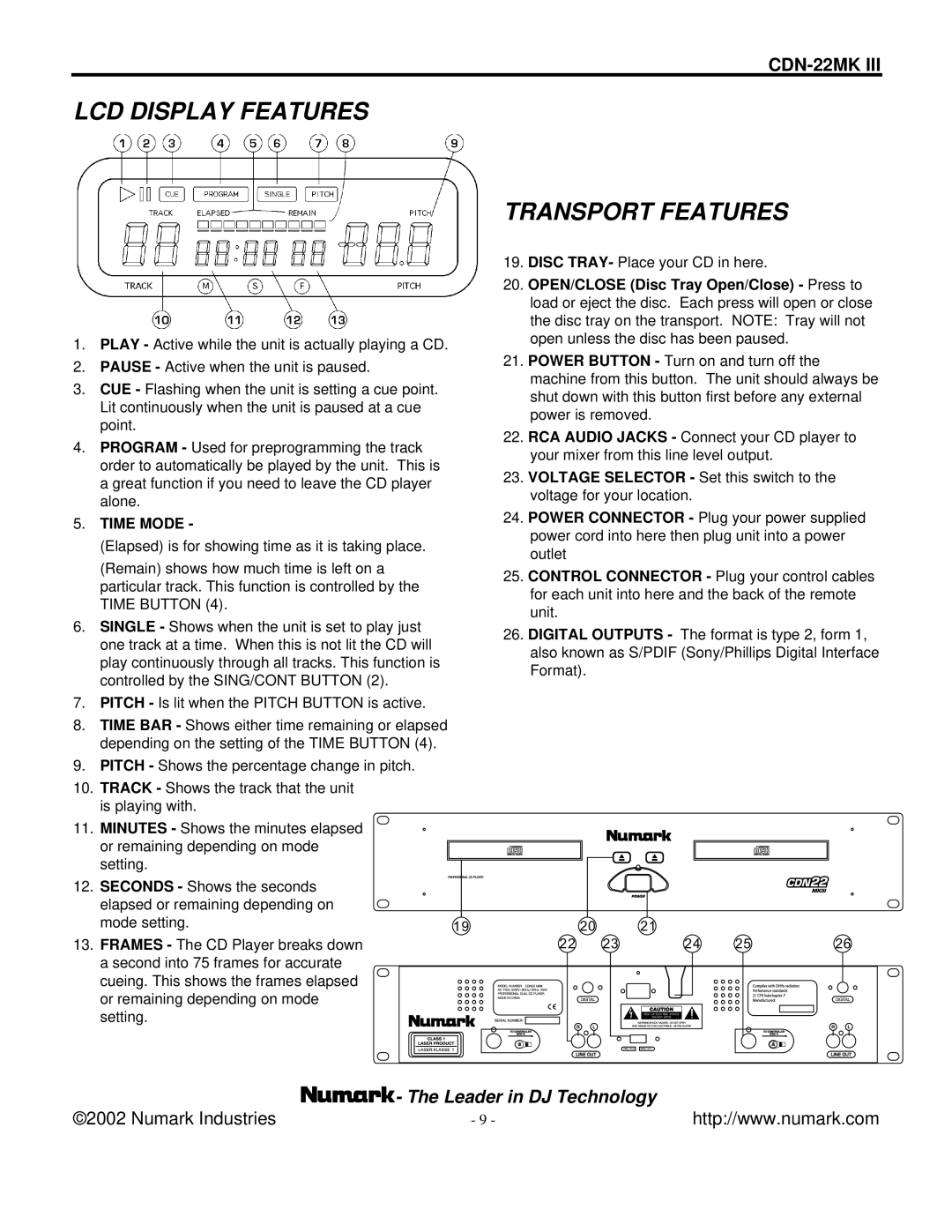 Numark Industries CDN-22MK III manual LCD Display Features Transport Features, OPEN/CLOSE Disc Tray Open/Close Press to 