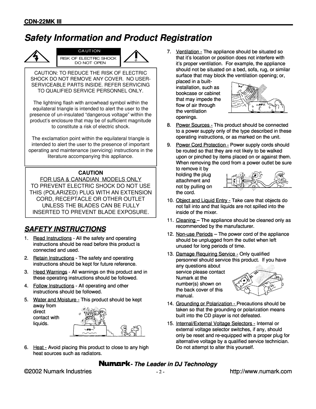 Numark Industries CDN-22MK III manual Safety Information and Product Registration, Safety Instructions, CDN-22MKIII 