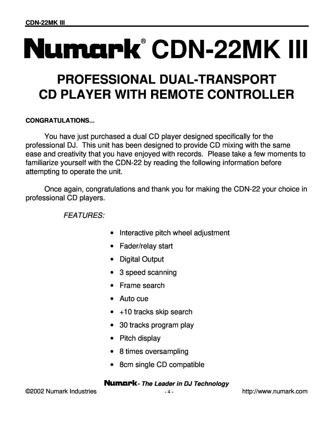 Numark Industries CDN-22MK III manual CDN-22MKIII, Professional Dual-Transport, Cd Player With Remote Controller 