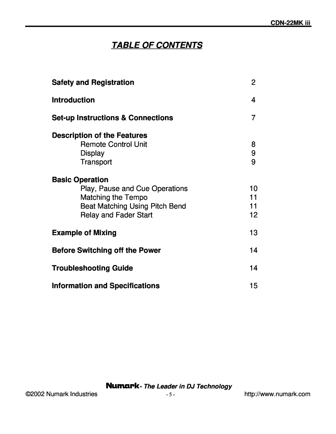 Numark Industries CDN-22MK III manual Table Of Contents 