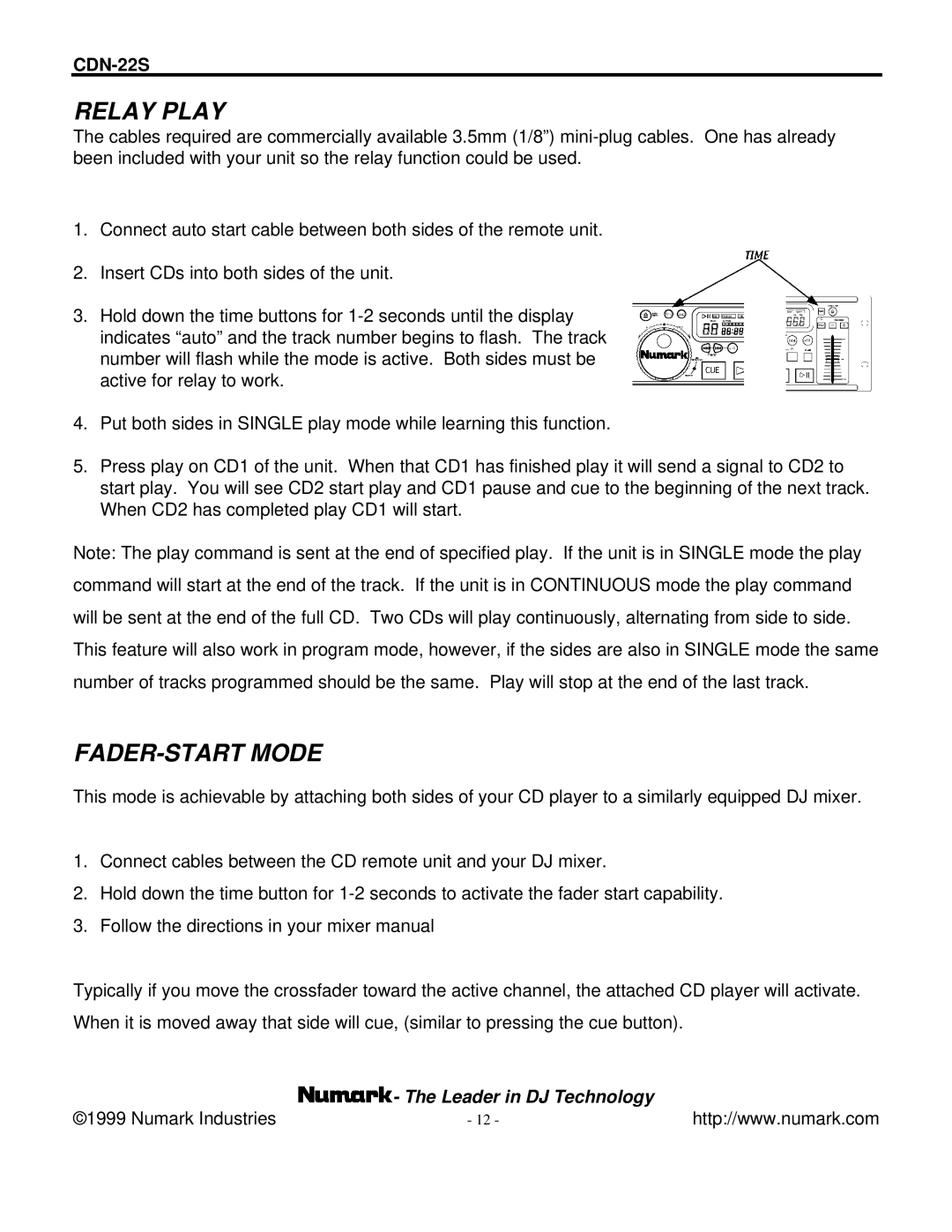 Numark Industries CDN-22S manual Relay Play, FADER-START Mode 