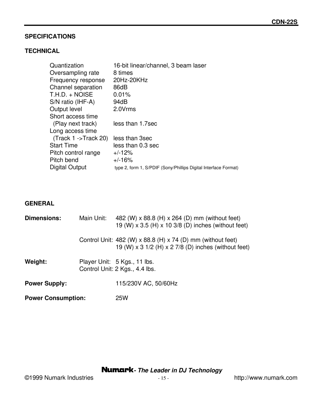 Numark Industries manual CDN-22S Specifications Technical, General 