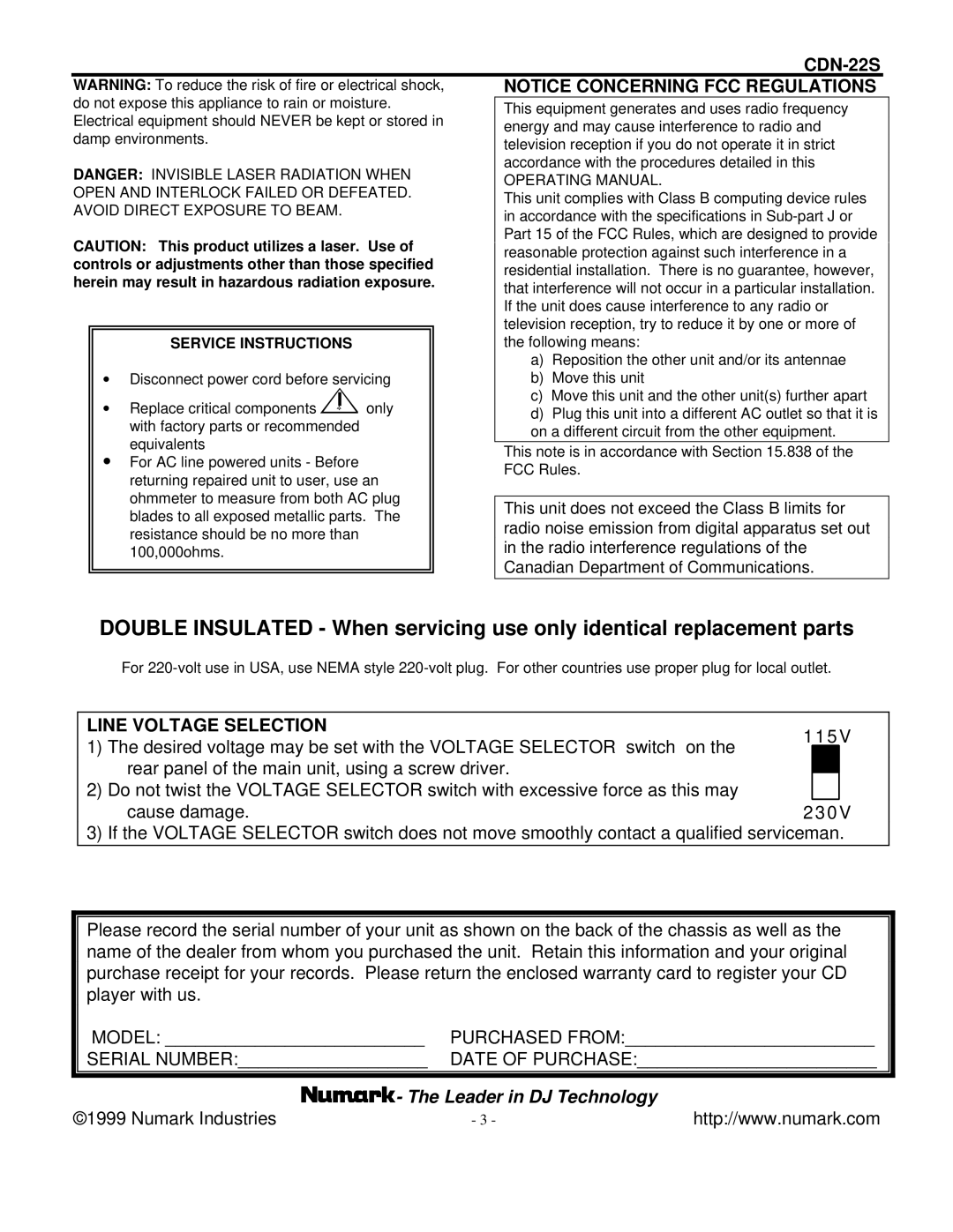 Numark Industries CDN-22S manual Line Voltage Selection, Service Instructions 