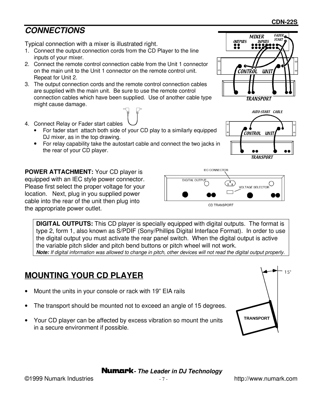 Numark Industries CDN-22S manual Connections, Typical connection with a mixer is illustrated right 