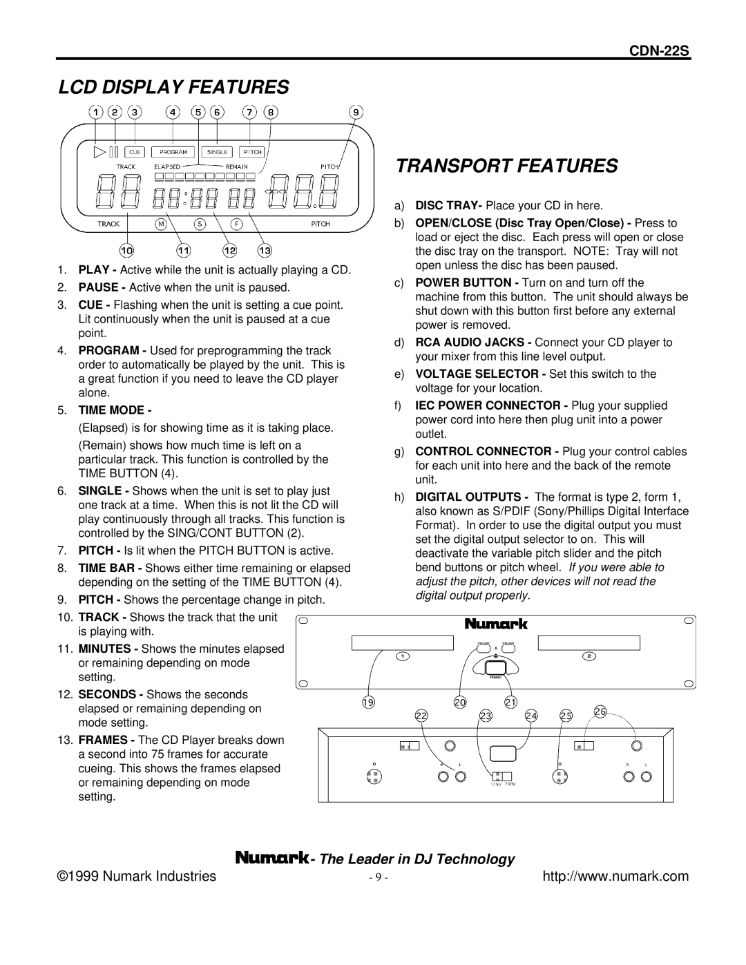 Numark Industries CDN-22S manual LCD Display Features, Transport Features 