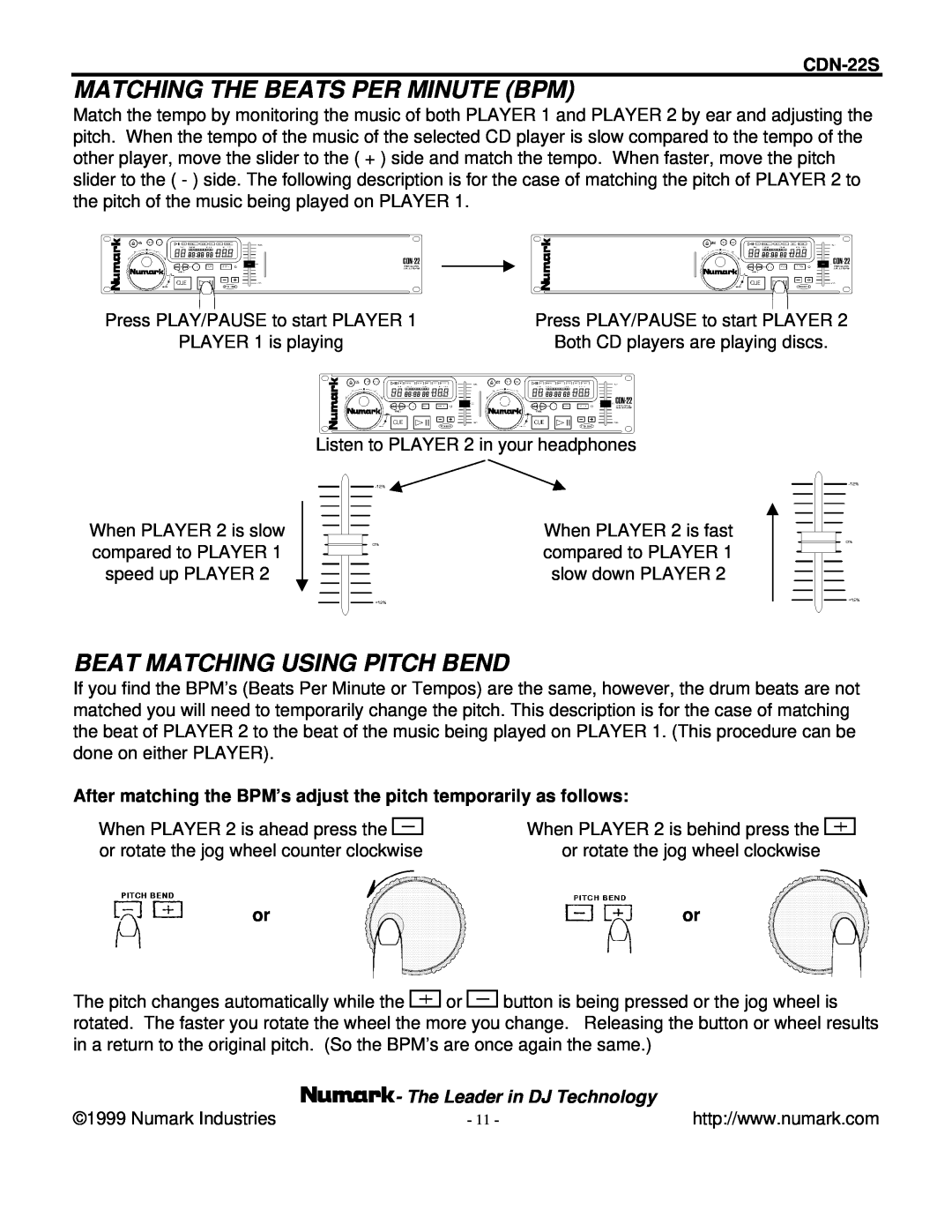Numark Industries CDN-22S Matching The Beats Per Minute Bpm, Beat Matching Using Pitch Bend, The Leader in DJ Technology 