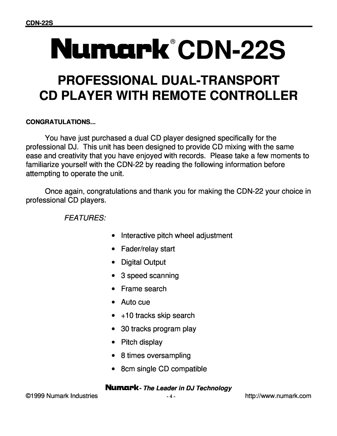 Numark Industries CDN-22S manual Professional Dual-Transport, Cd Player With Remote Controller 