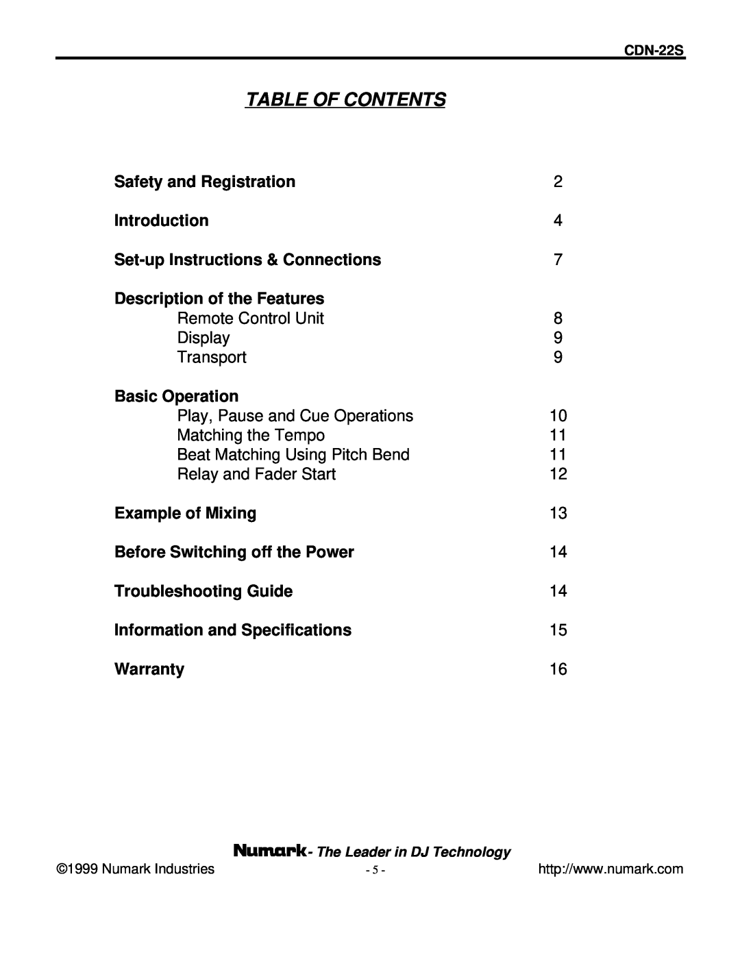 Numark Industries CDN-22S manual Table Of Contents 