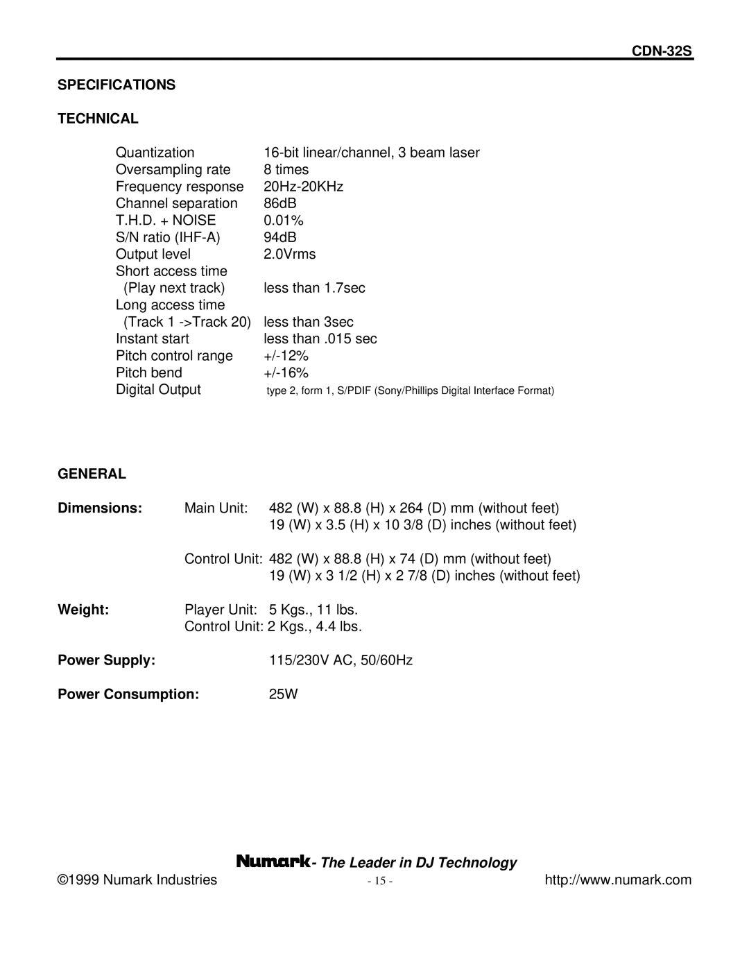 Numark Industries manual CDN-32S Specifications Technical, General 