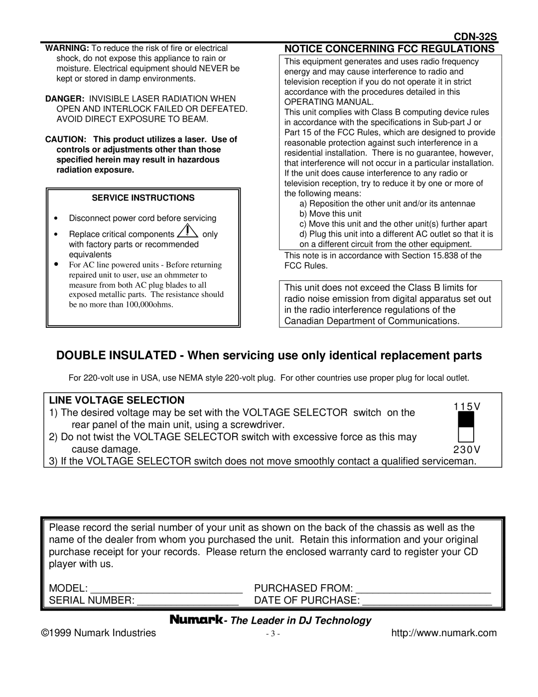 Numark Industries CDN-32S manual Line Voltage Selection, Service Instructions 