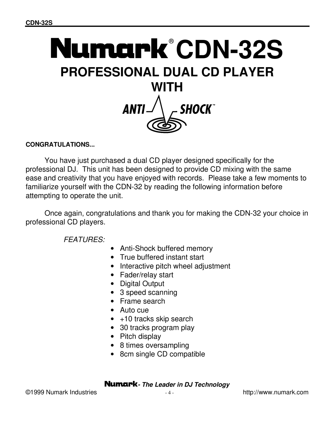 Numark Industries CDN-32S manual Congratulations 