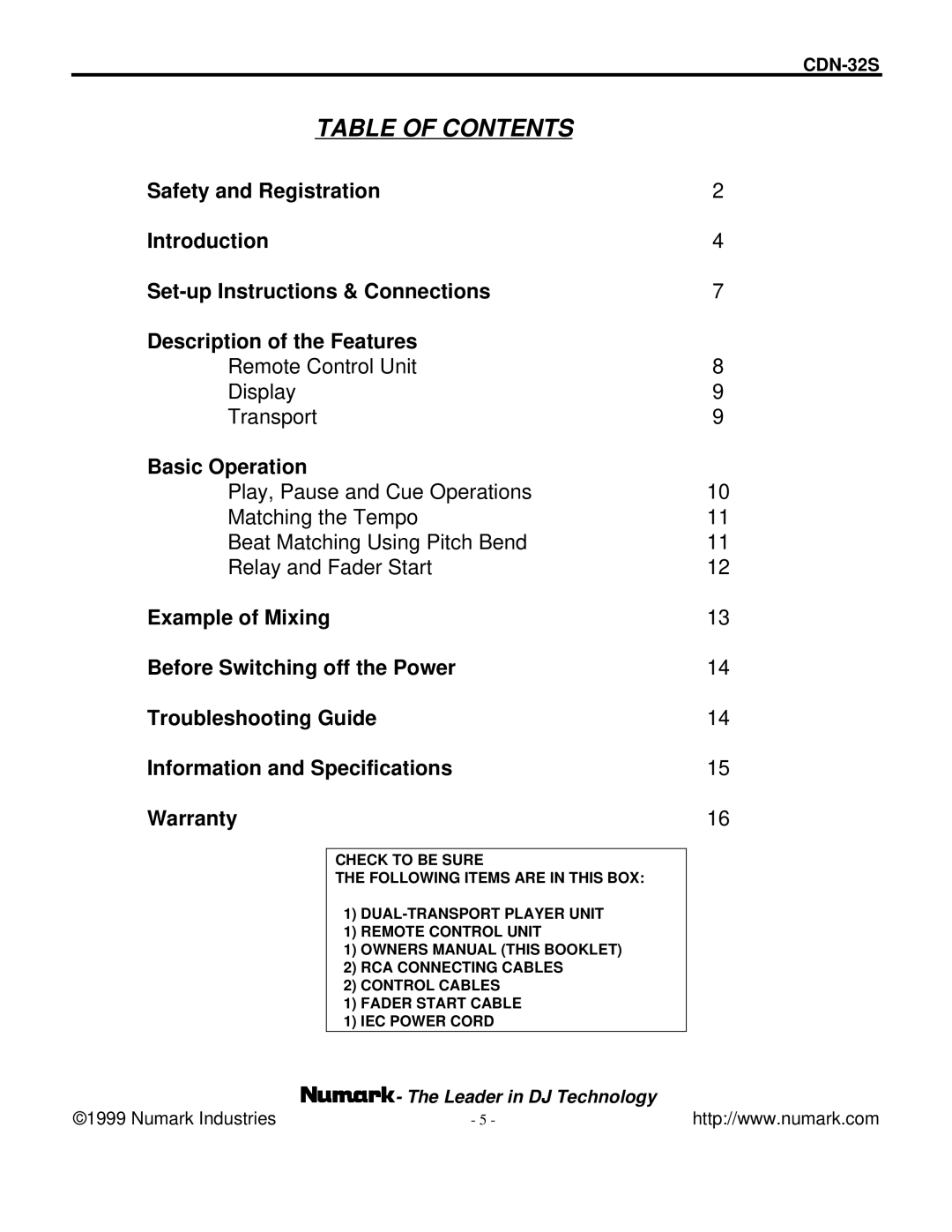 Numark Industries CDN-32S manual Table of Contents 