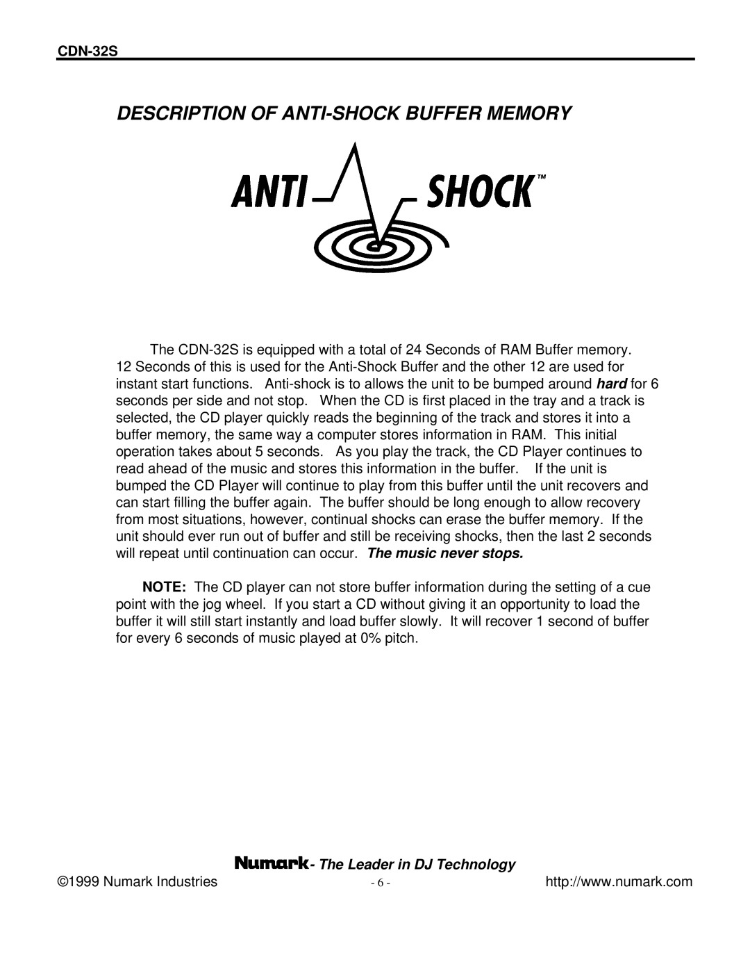 Numark Industries CDN-32S manual Description of ANTI-SHOCK Buffer Memory 