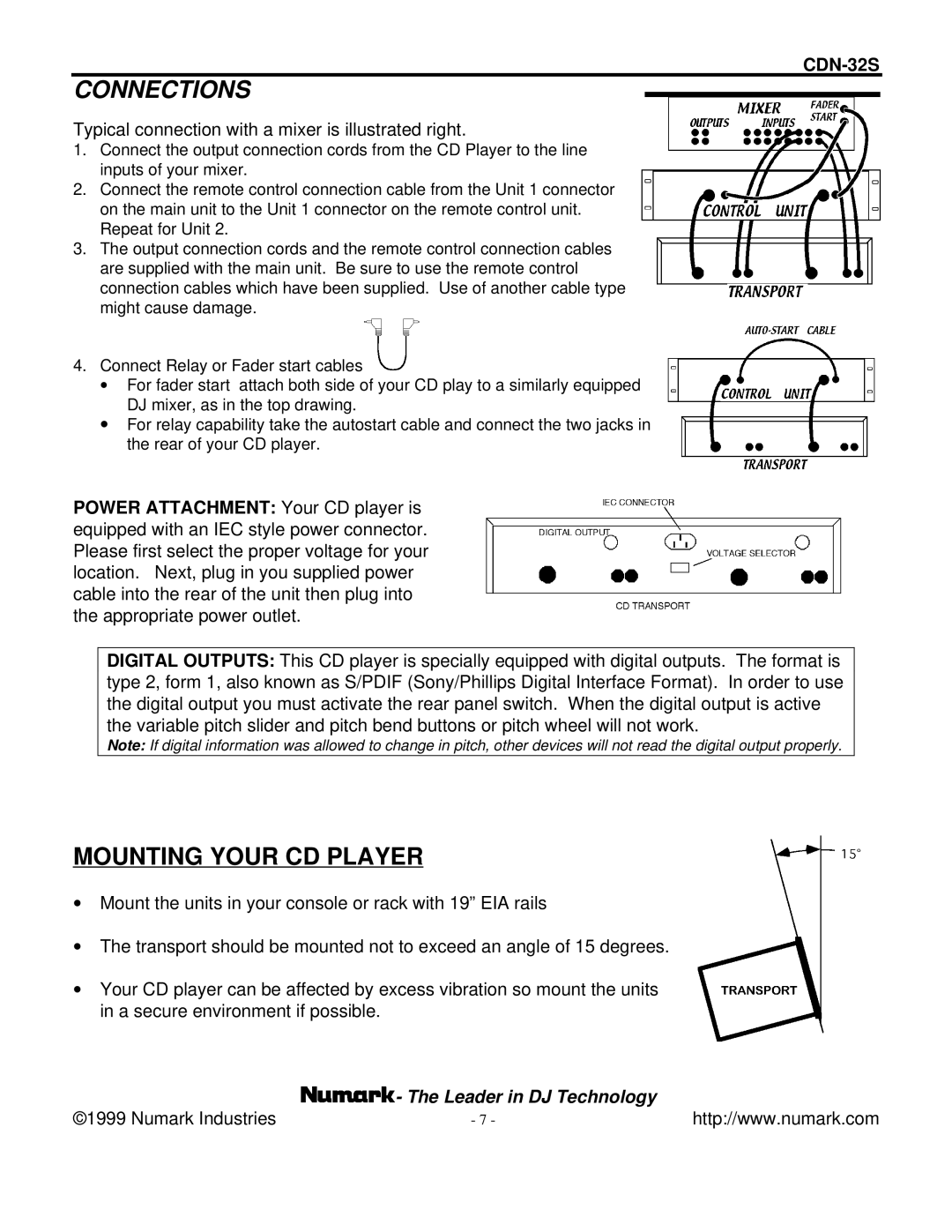 Numark Industries CDN-32S manual Connections, Typical connection with a mixer is illustrated right 