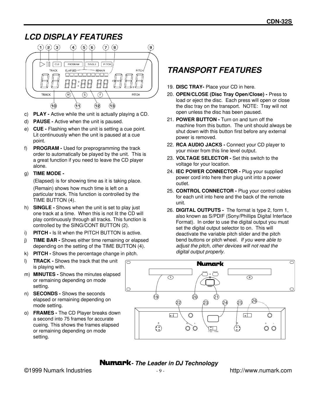 Numark Industries CDN-32S manual LCD Display Features, Transport Features 