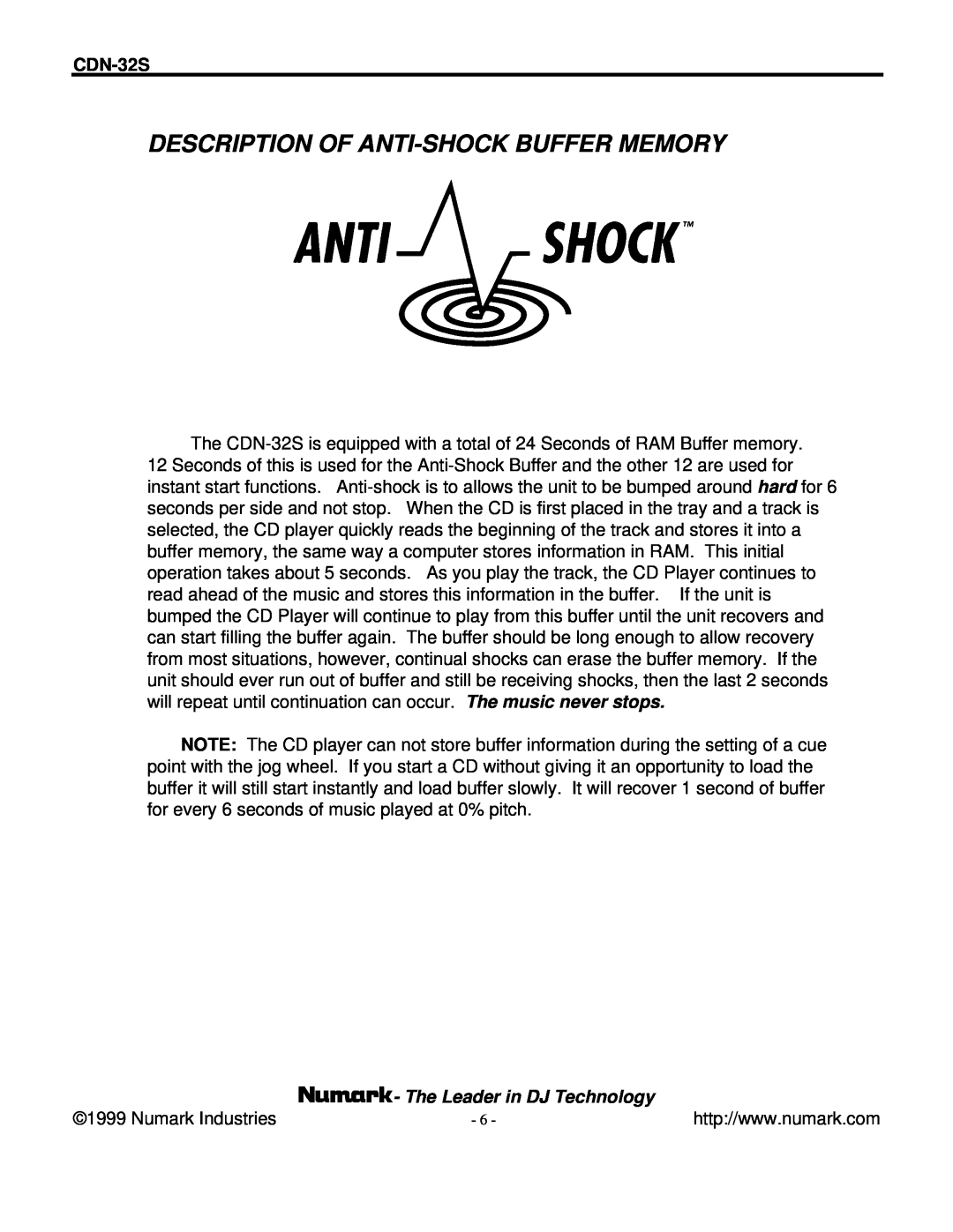 Numark Industries CDN-32S manual Description Of Anti-Shockbuffer Memory, The Leader in DJ Technology 