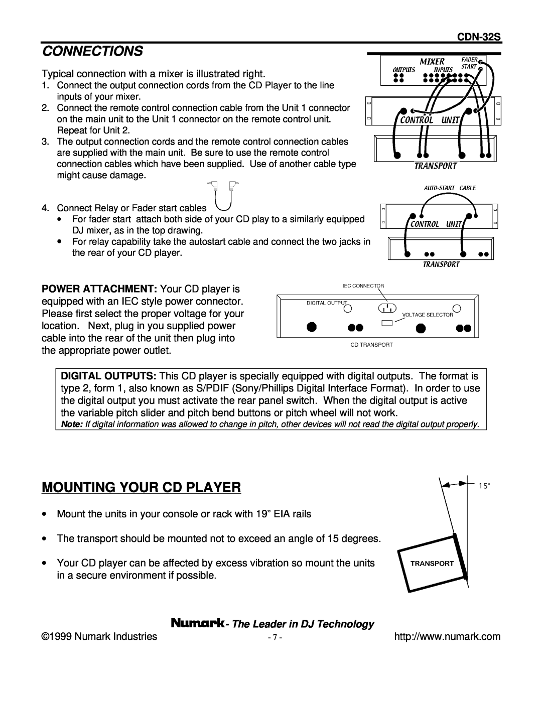 Numark Industries CDN-32S manual Connections, Mounting Your Cd Player, The Leader in DJ Technology 