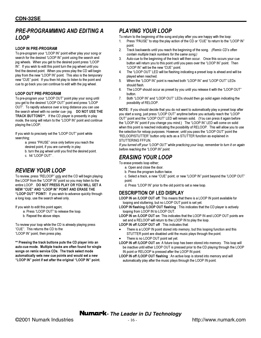 Numark Industries CDN-32SE manual PRE-PROGRAMMING and Editing a Loop, Description of LED Display 