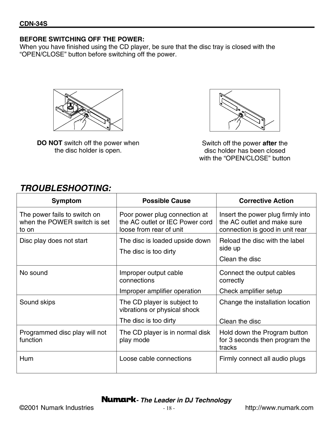 Numark Industries CDN-32SE manual Troubleshooting, CDN-34S Before Switching OFF the Power 