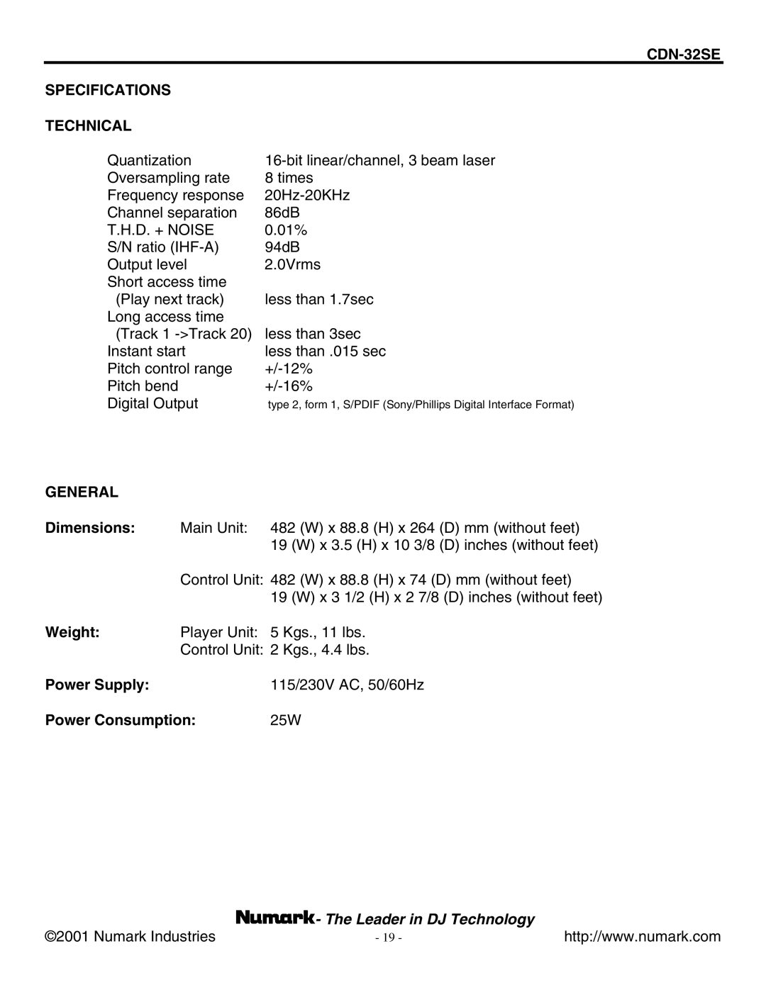 Numark Industries manual CDN-32SE Specifications Technical, General 