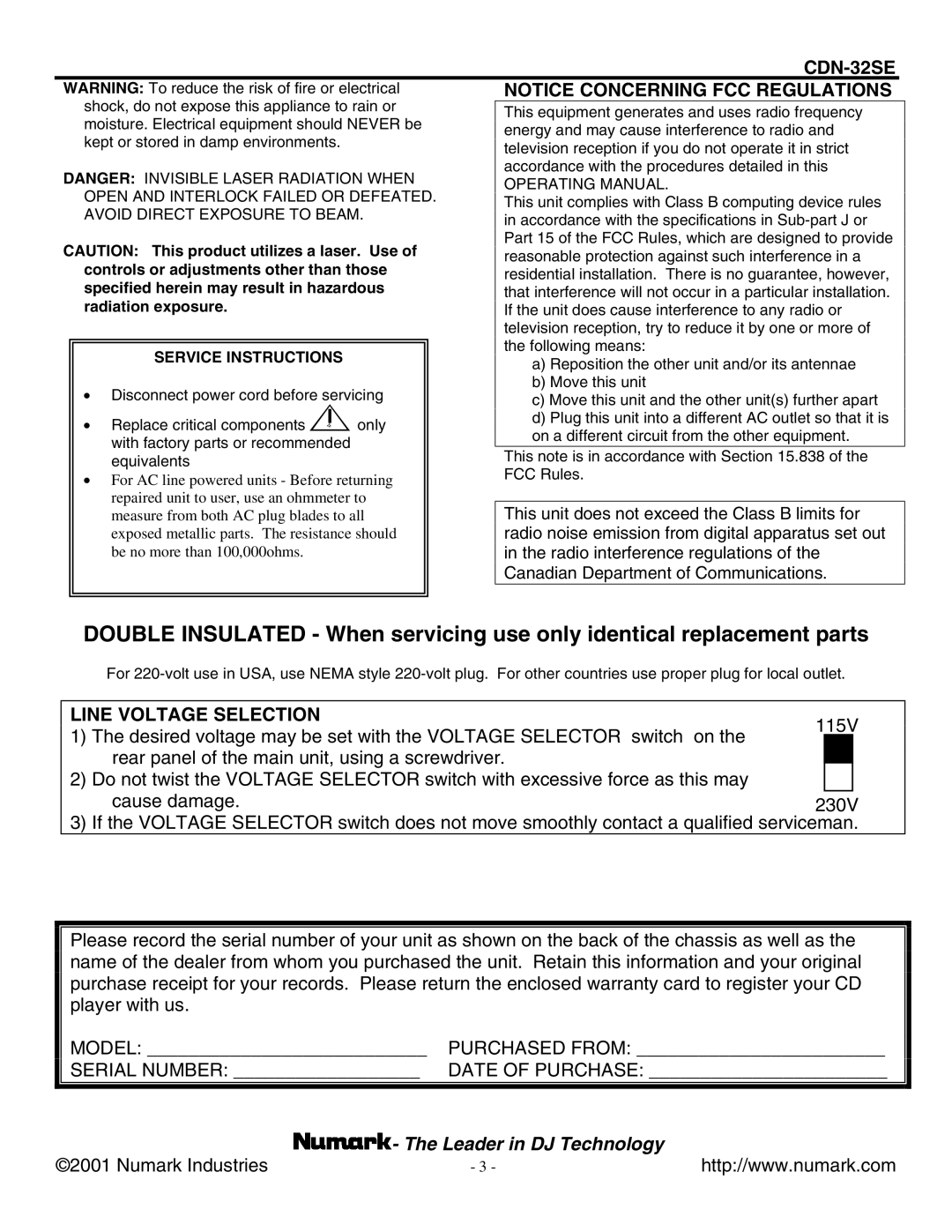 Numark Industries CDN-32SE manual Line Voltage Selection, Service Instructions 