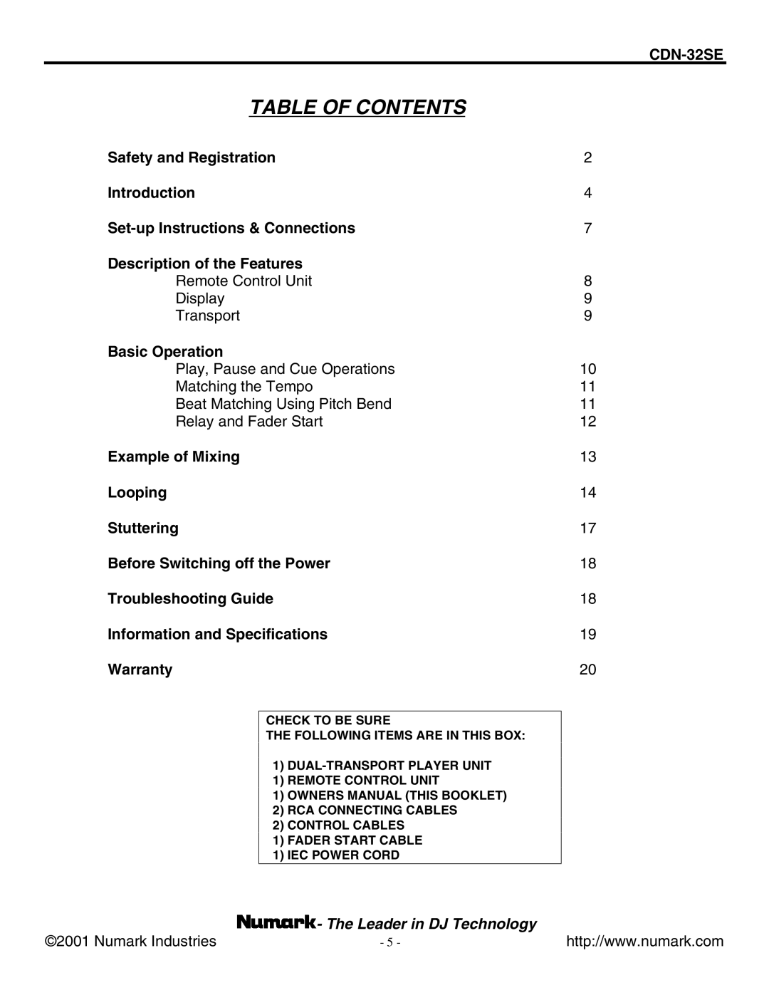 Numark Industries CDN-32SE manual Table of Contents 