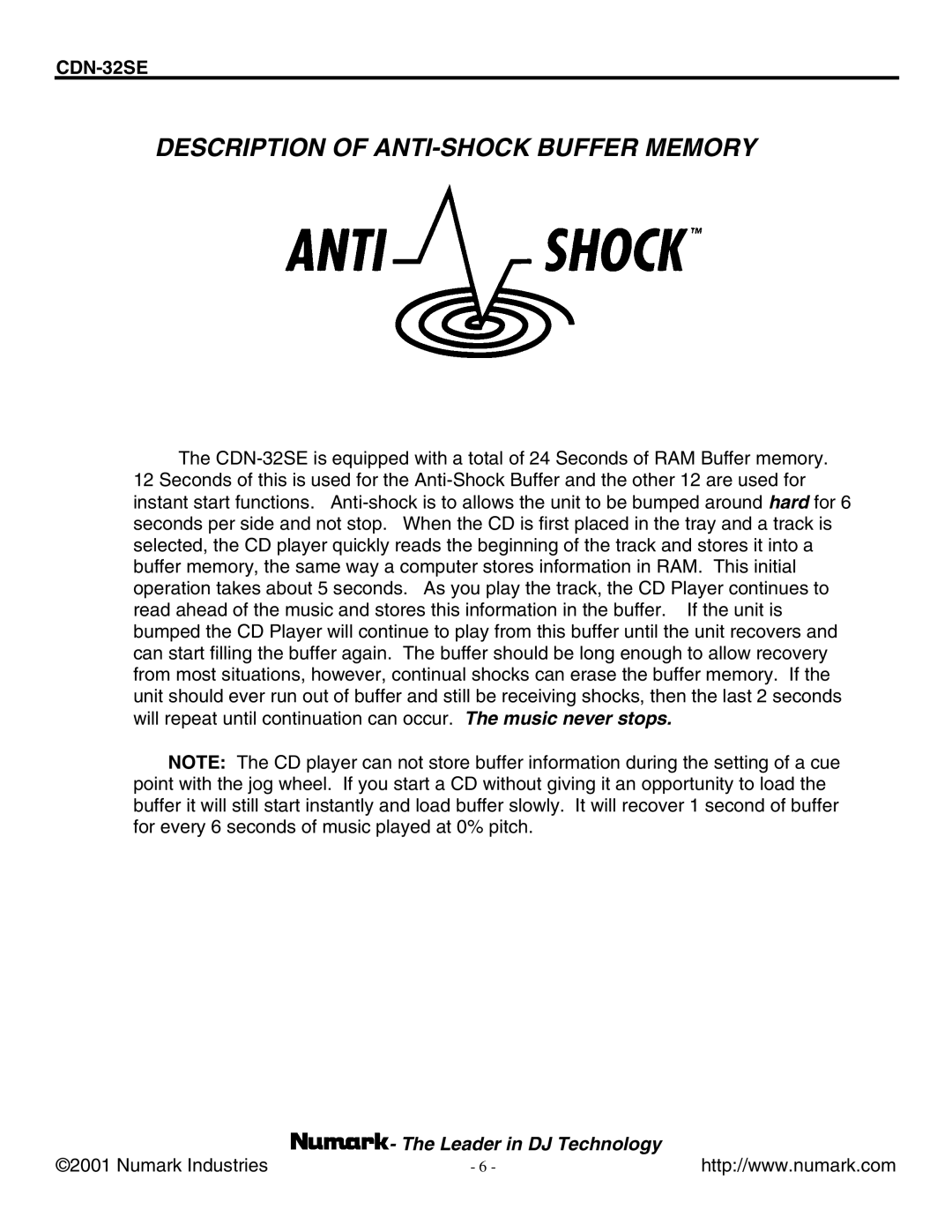 Numark Industries CDN-32SE manual Description of ANTI-SHOCK Buffer Memory 