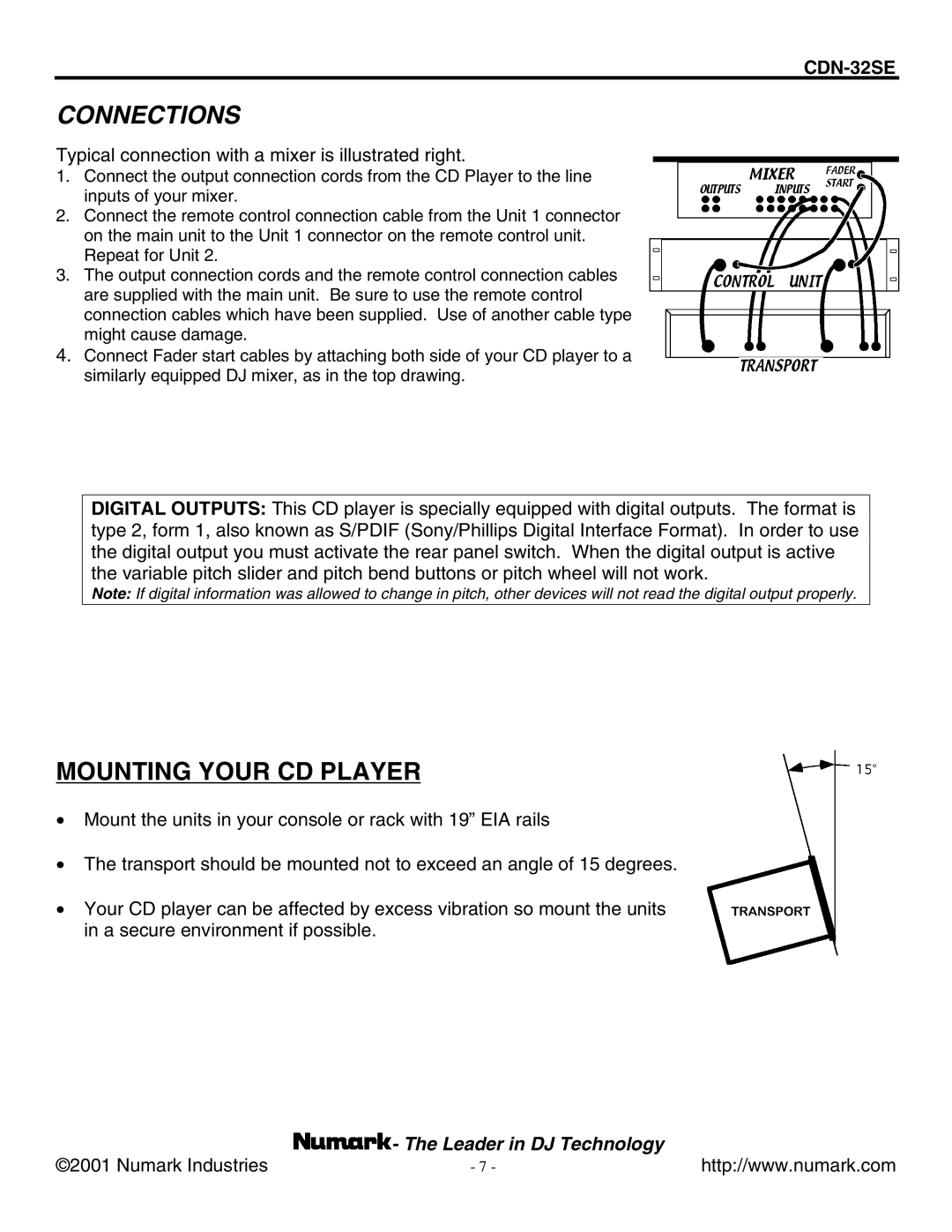 Numark Industries CDN-32SE manual Connections, Typical connection with a mixer is illustrated right 