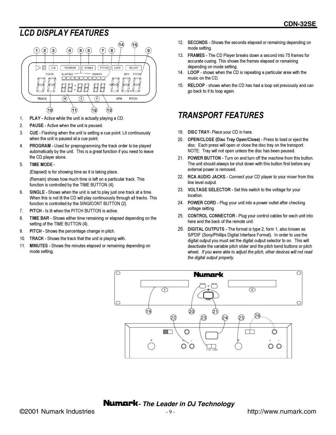 Numark Industries CDN-32SE manual LCD Display Features, Transport Features 