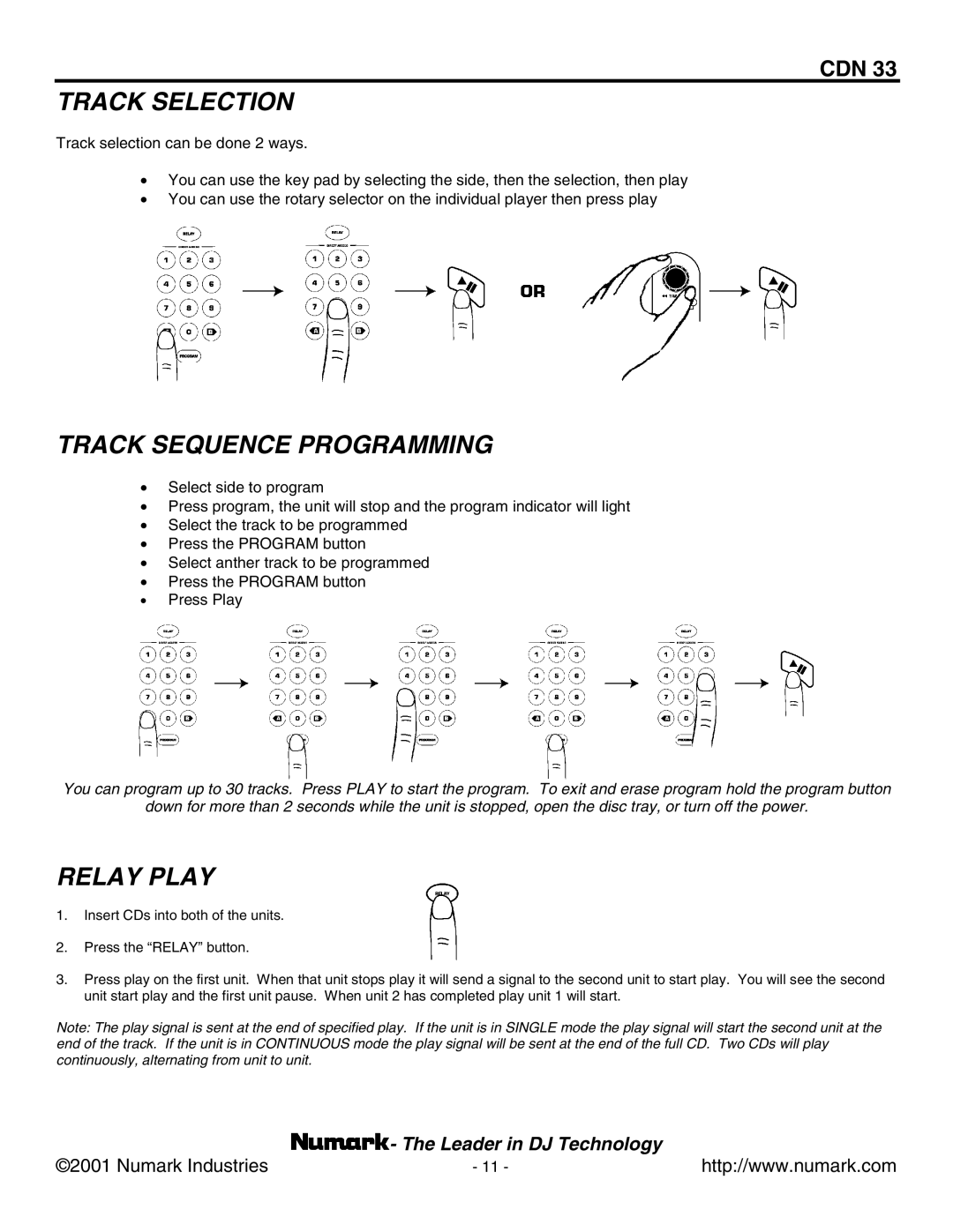 Numark Industries CDN 33 manual Track Selection, Track Sequence Programming, Relay Play 