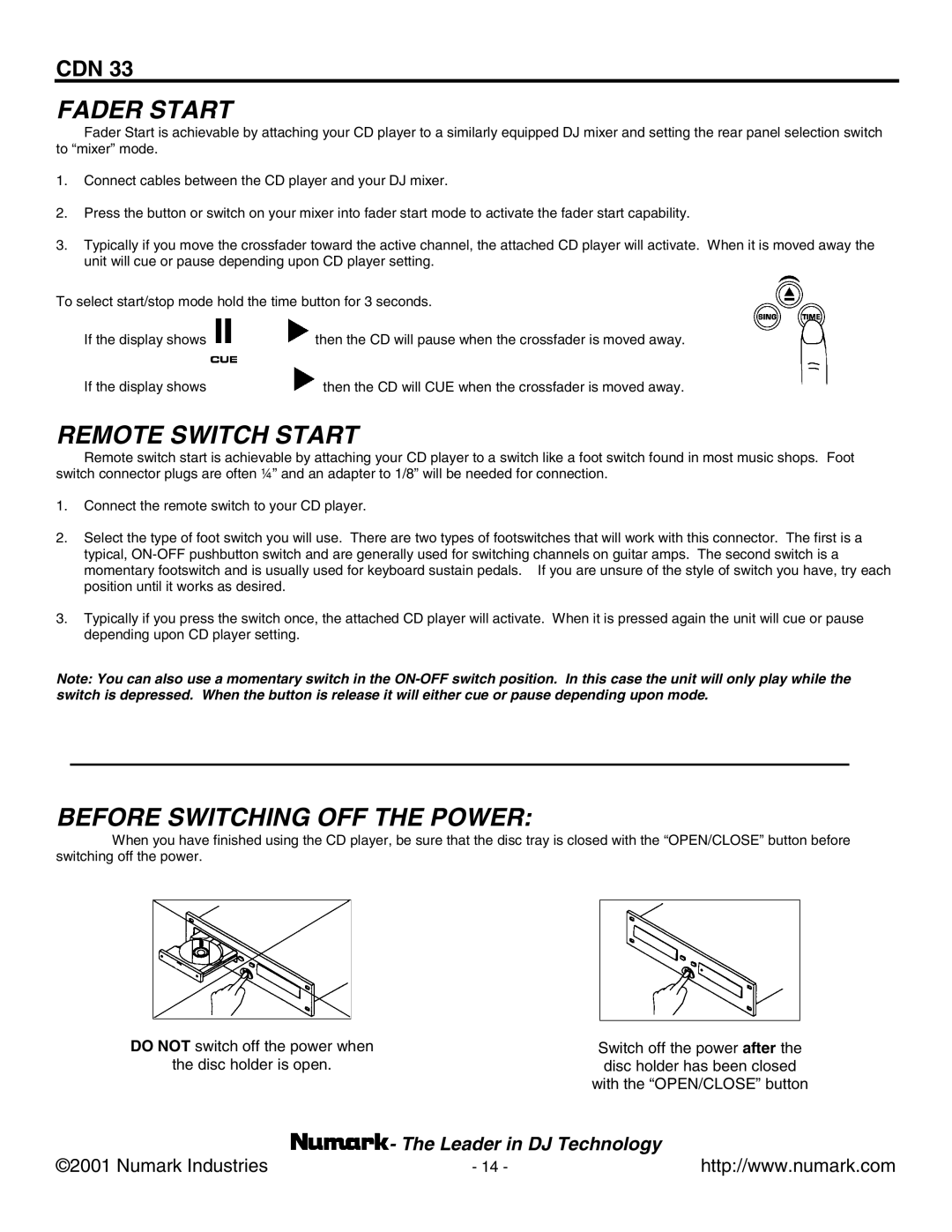 Numark Industries CDN 33 manual Fader Start, Remote Switch Start, Before Switching OFF the Power 