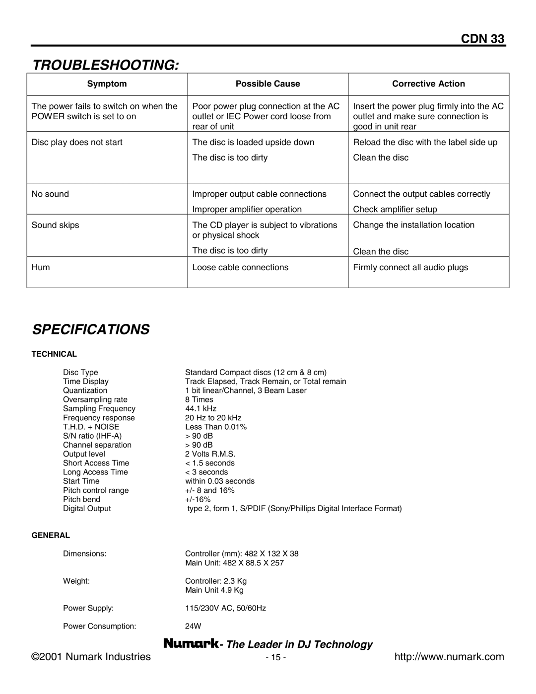 Numark Industries CDN 33 manual Troubleshooting, Specifications 