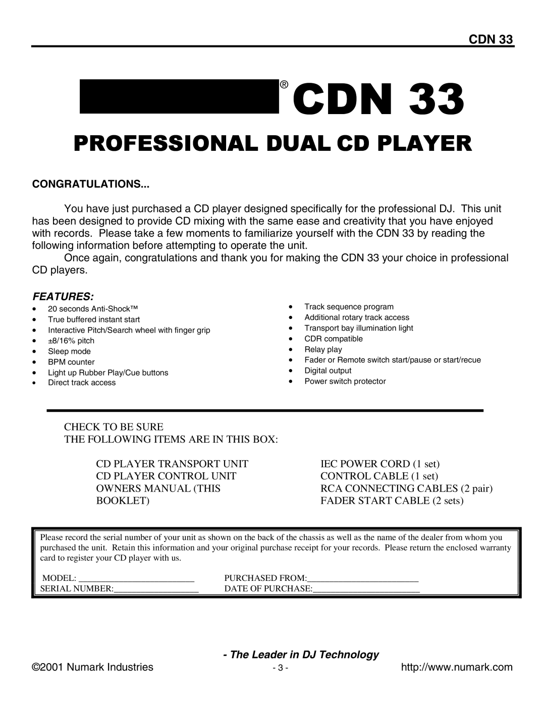 Numark Industries CDN 33 manual Cdn 