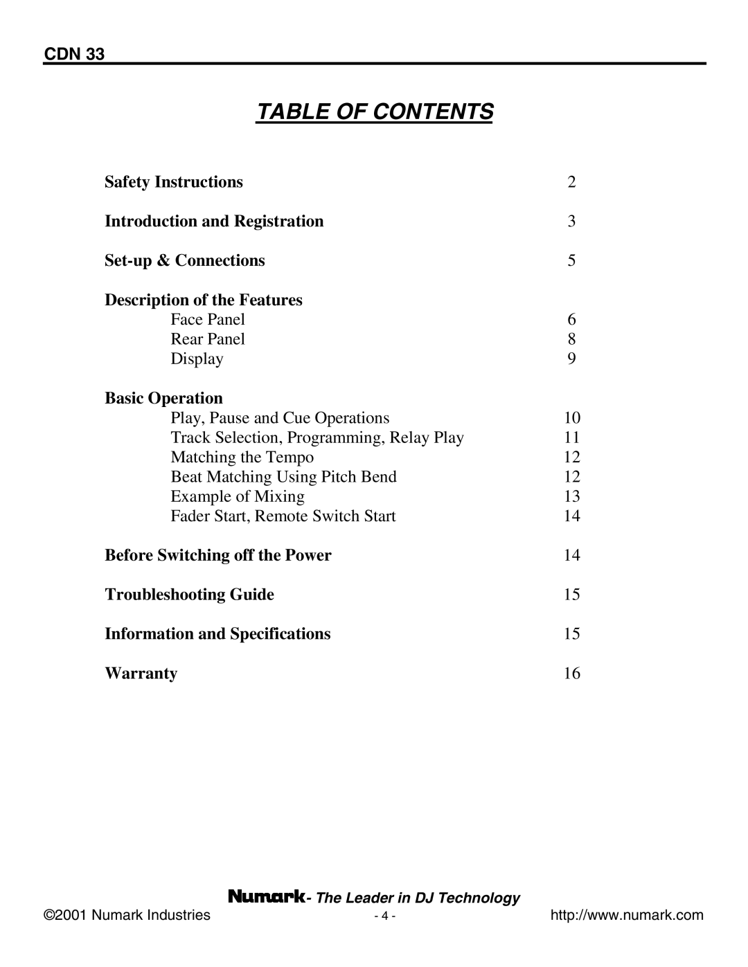 Numark Industries CDN 33 manual Table of Contents 