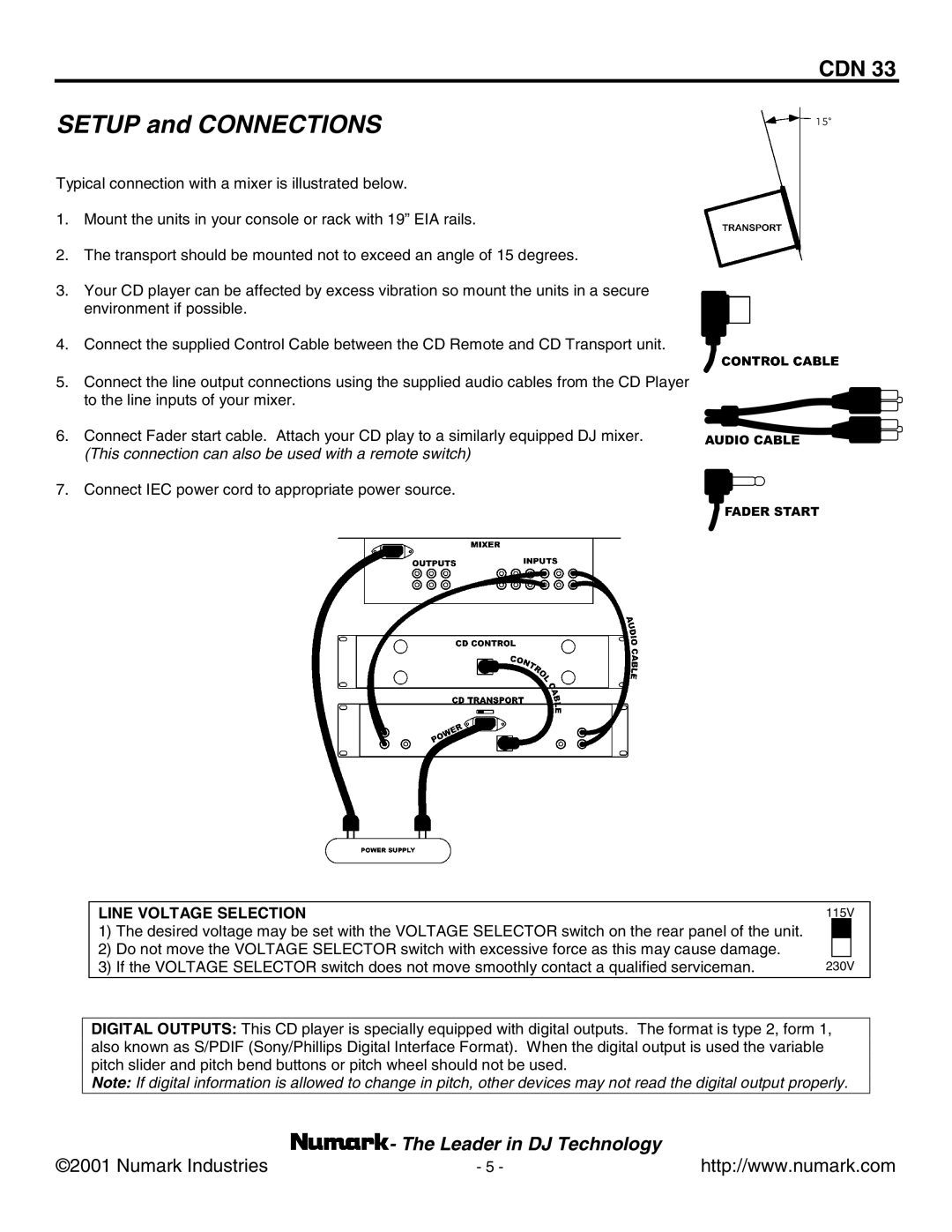 Numark Industries CDN 33 manual Setup and Connections 