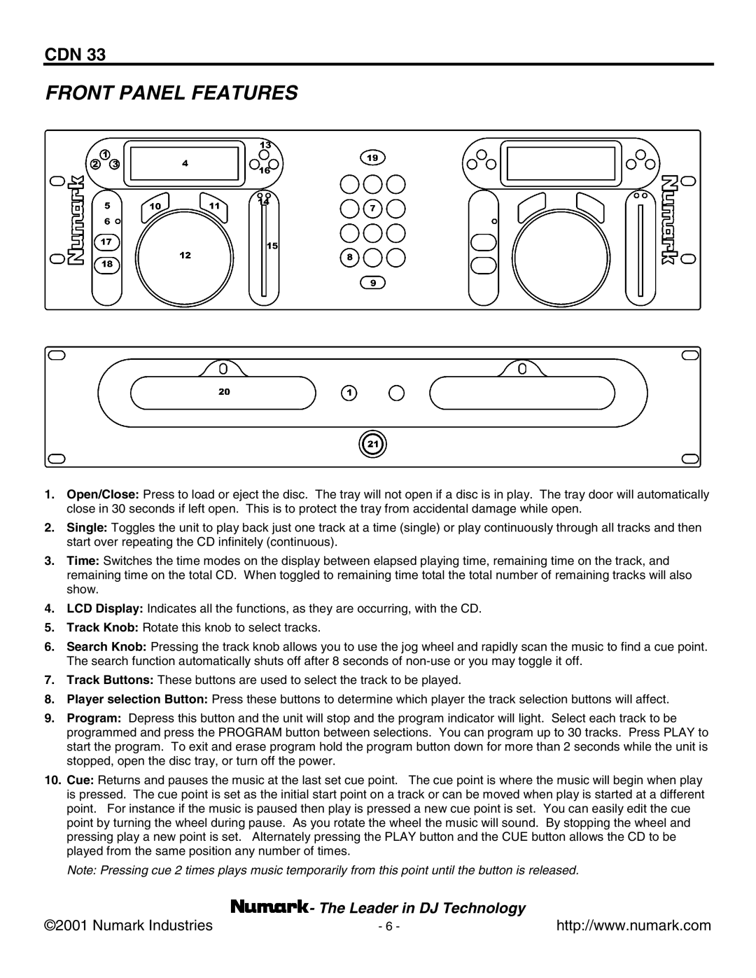 Numark Industries CDN 33 manual Front Panel Features 