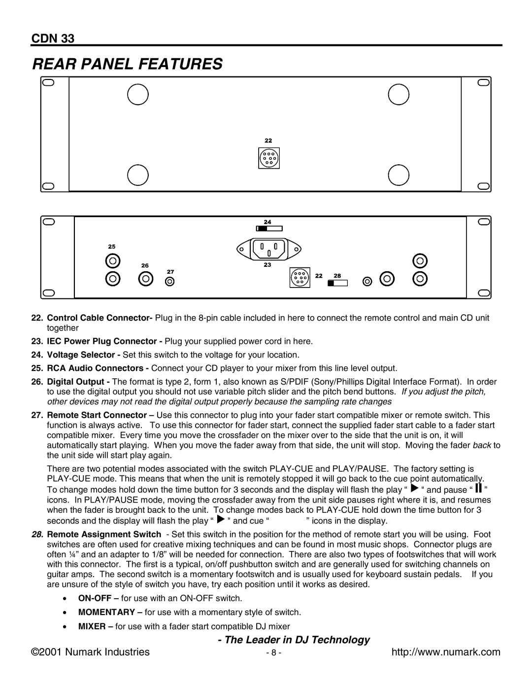 Numark Industries CDN 33 manual Rear Panel Features 