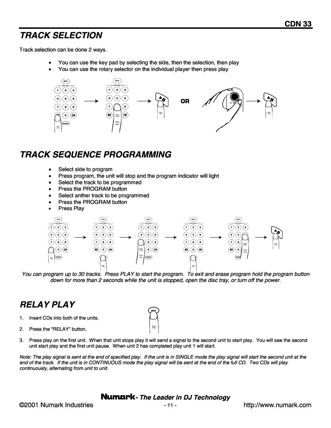 Numark Industries CDN 33 manual Track Selection, Track Sequence Programming, Relay Play, Numark Industries 