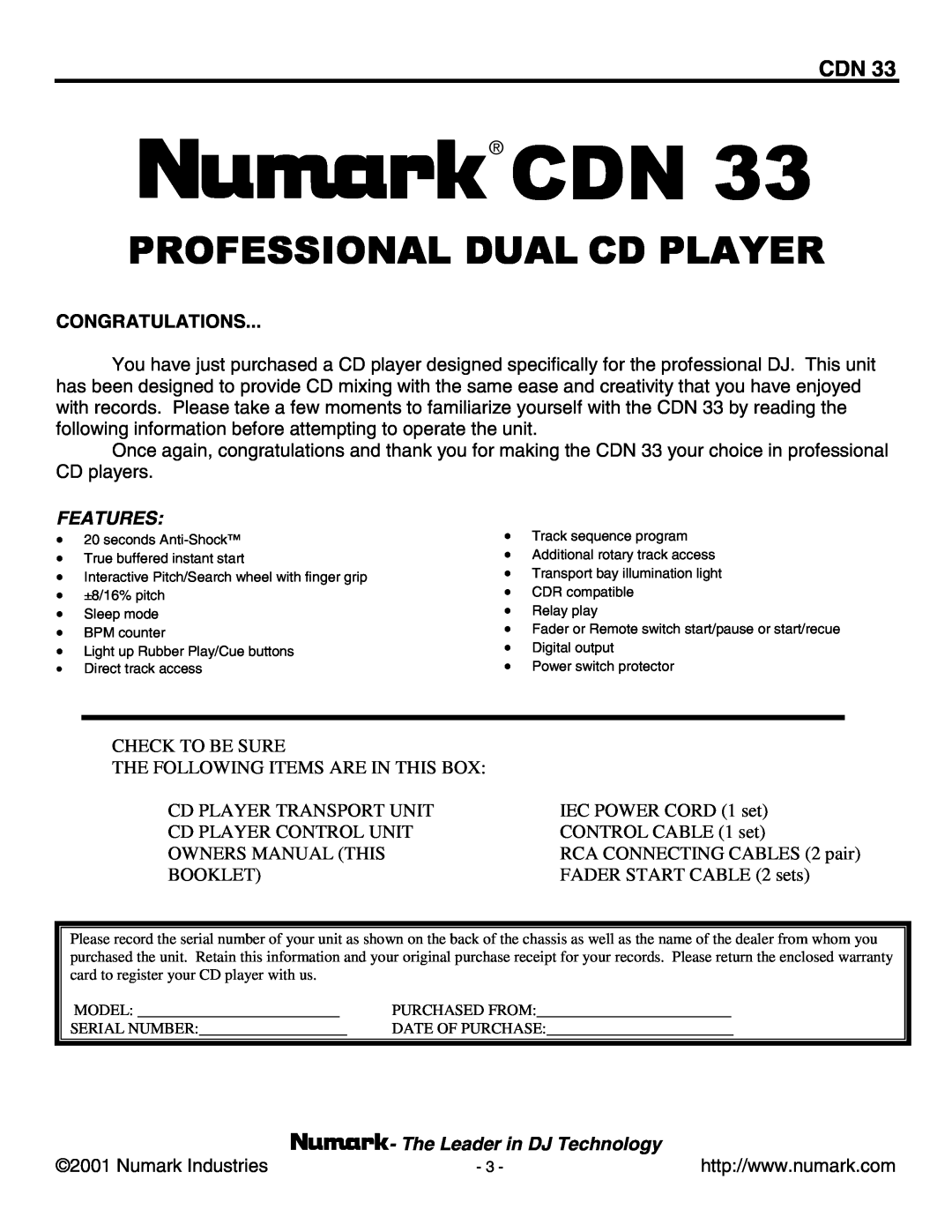 Numark Industries CDN 33 manual Professional Dual Cd Player, Congratulations, Features, Check To Be Sure, Numark Industries 