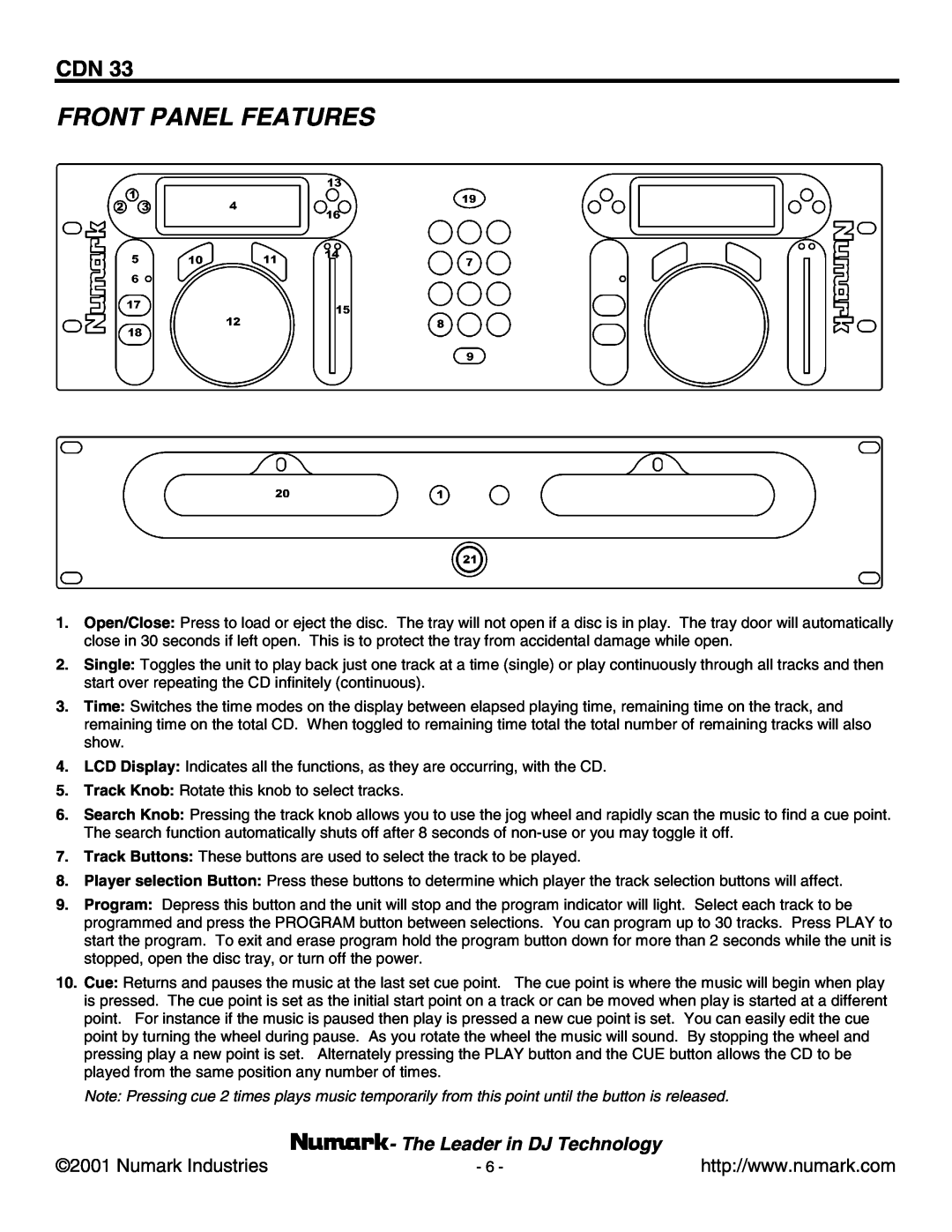 Numark Industries CDN 33 manual Front Panel Features, Numark Industries, The Leader in DJ Technology 