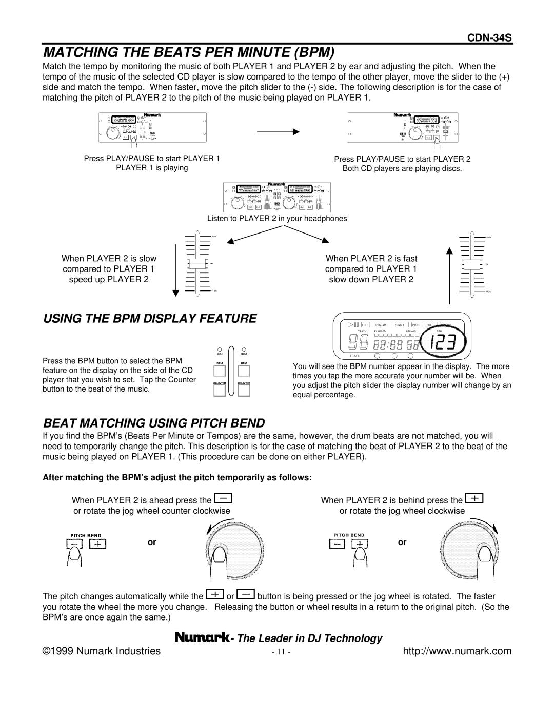 Numark Industries CDN-34S manual Matching the Beats PER Minute BPM, Using the BPM Display Feature 