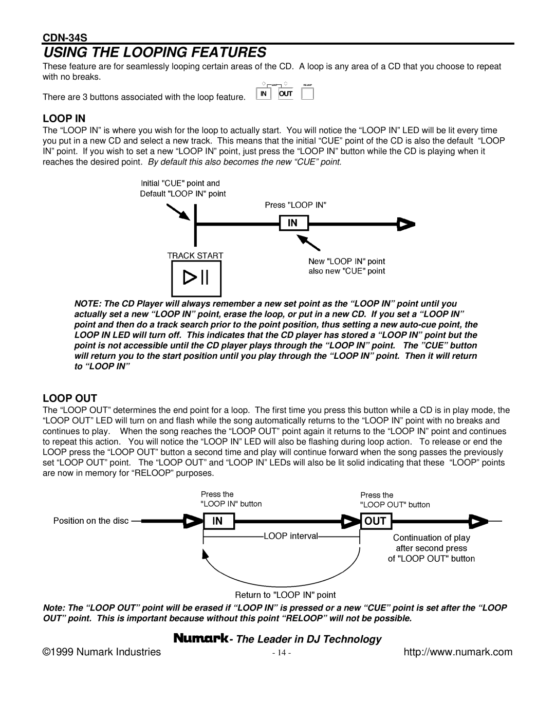 Numark Industries CDN-34S manual Using the Looping Features, Loop OUT 