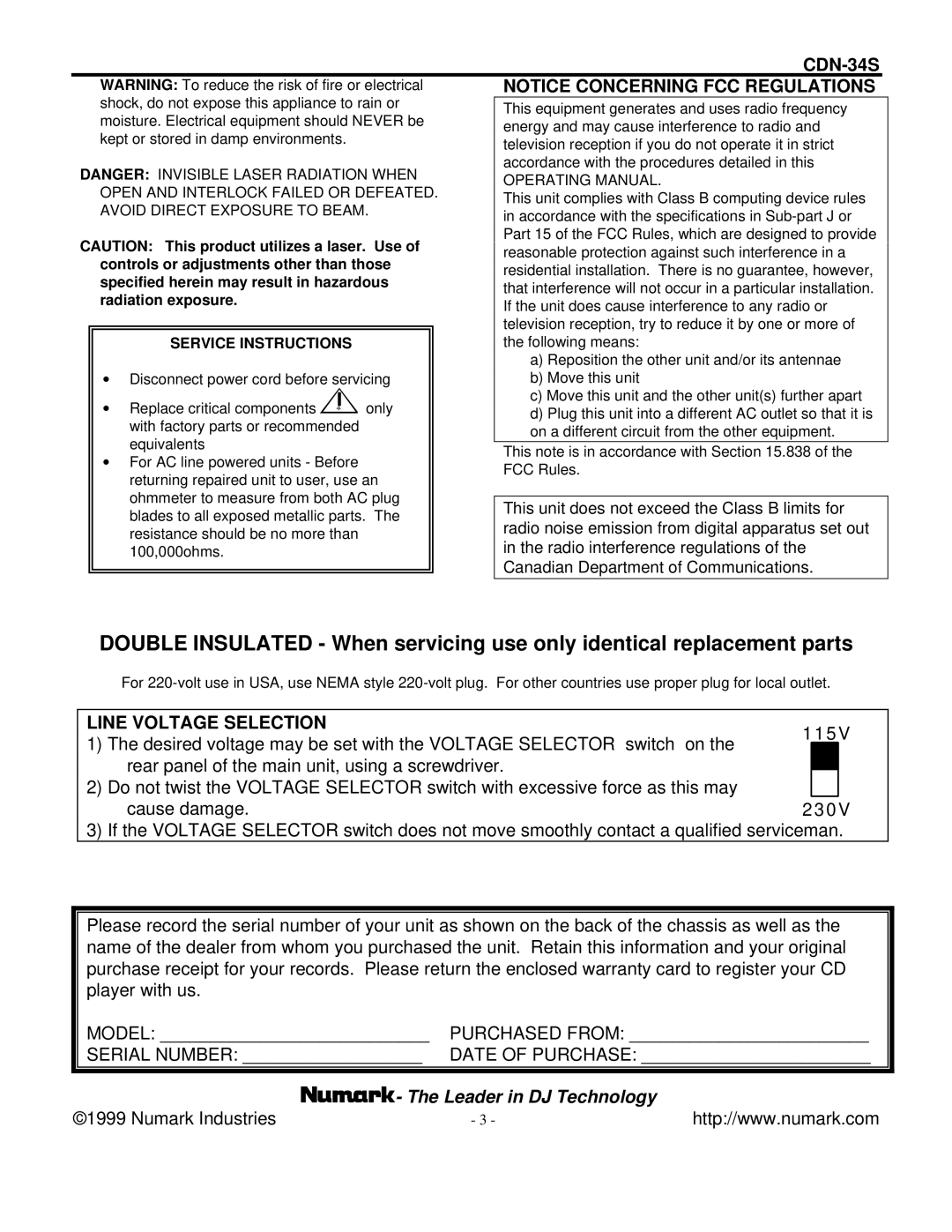 Numark Industries CDN-34S manual Line Voltage Selection, Service Instructions 