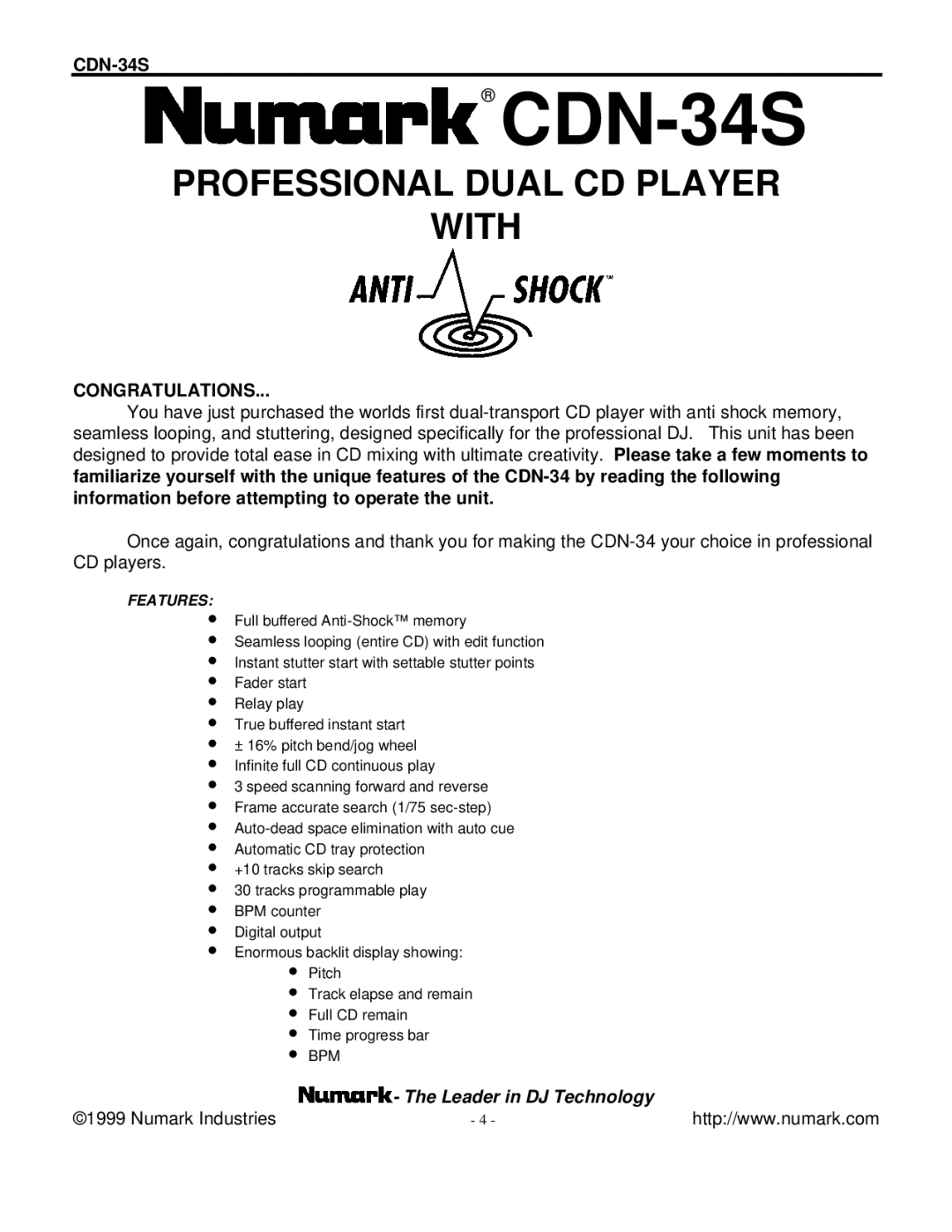 Numark Industries CDN-34S manual Congratulations 