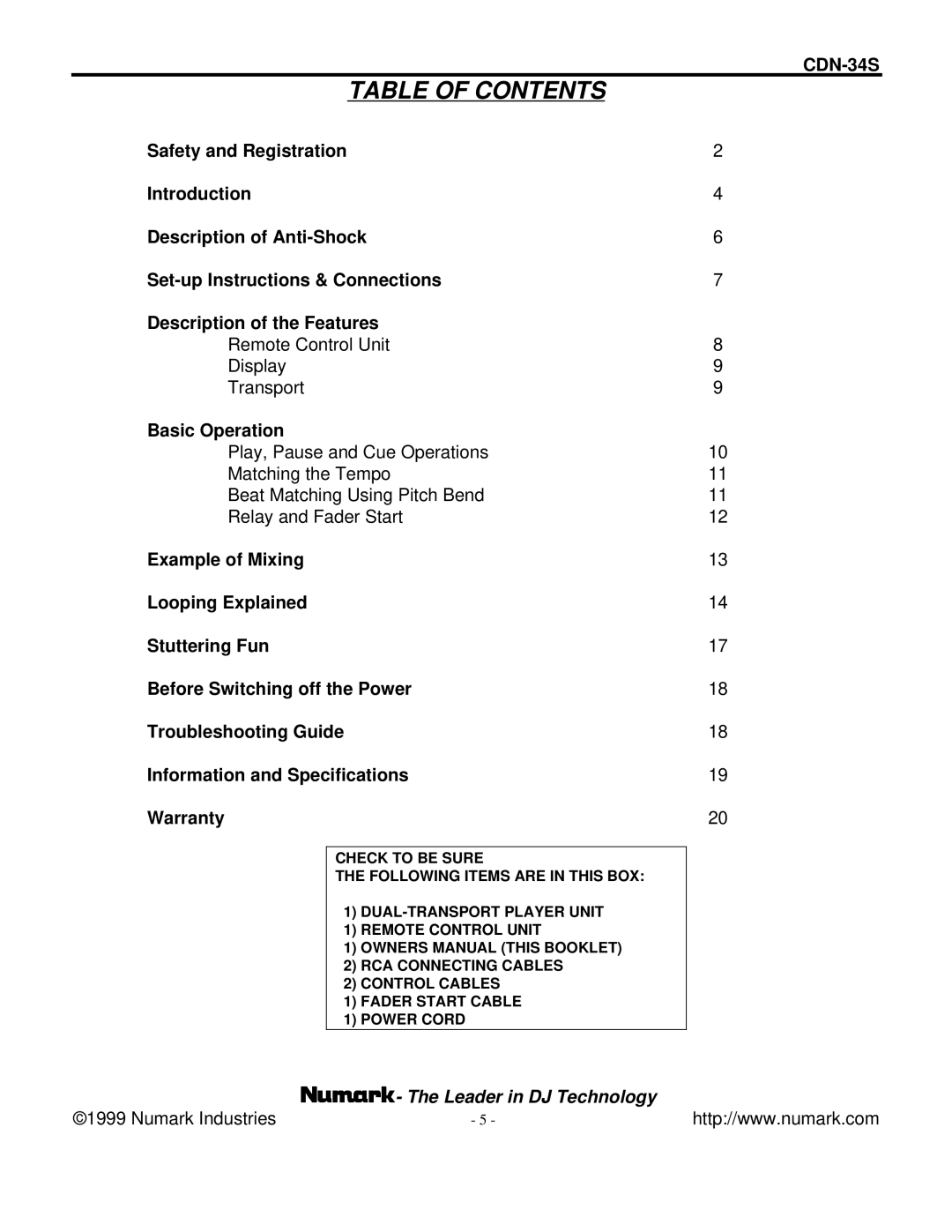 Numark Industries CDN-34S manual Table of Contents 