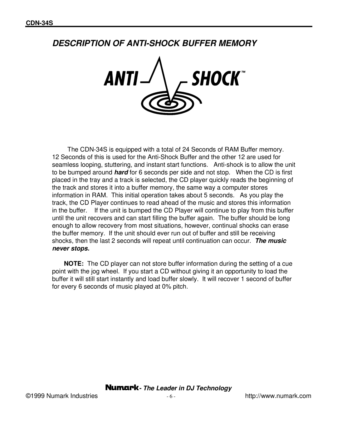 Numark Industries CDN-34S manual Description of ANTI-SHOCK Buffer Memory 