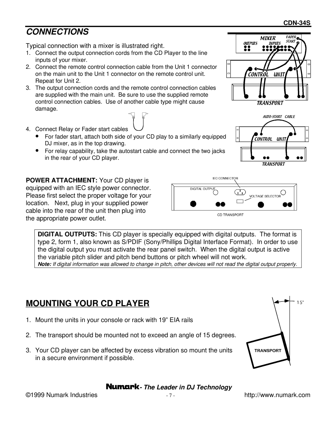 Numark Industries CDN-34S manual Connections, Typical connection with a mixer is illustrated right 