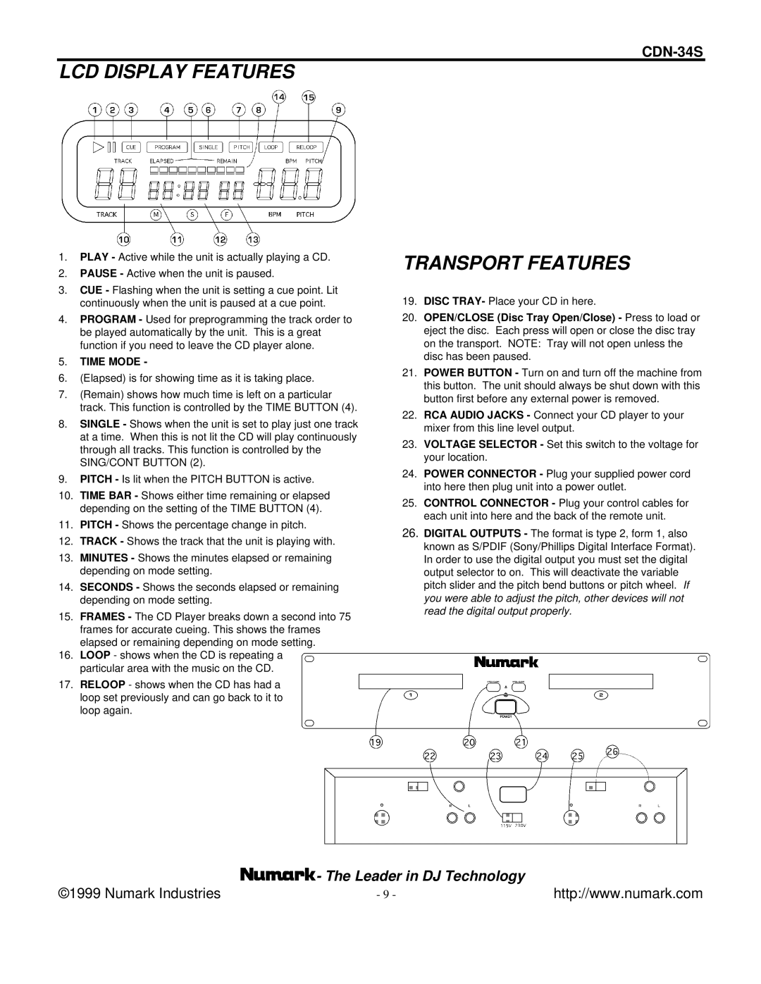 Numark Industries CDN-34S manual LCD Display Features, Transport Features 