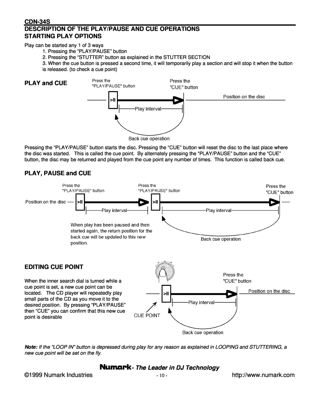 Numark Industries CDN-34S manual Description Of The Play/Pause And Cue Operations, Starting Play Options, PLAY and CUE 